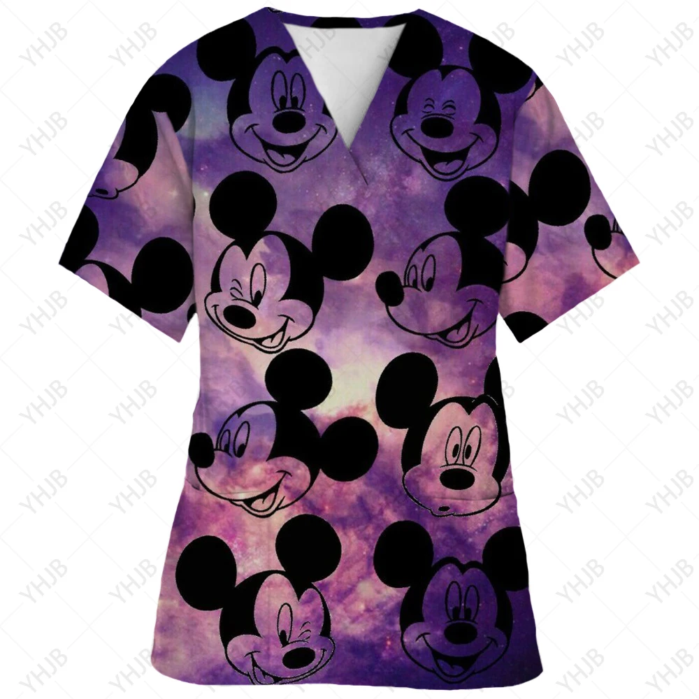 Disney Womens Nurse Style Scrub Tops Summer Mickey Mouse Cartoon Print Short Sleeve Uniform V Neck Summer Casual Tees