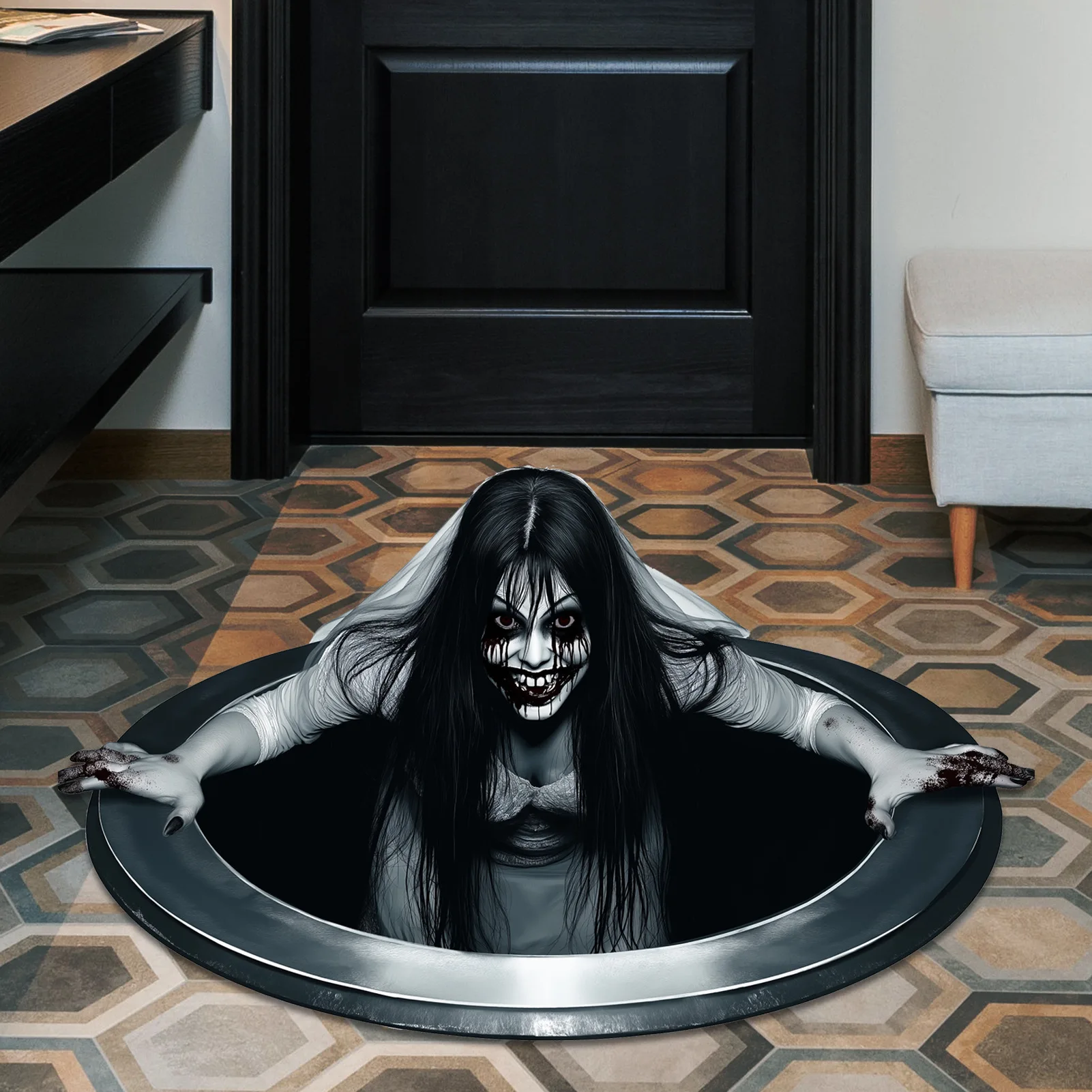 NHalloween 3D Wall Sticker, Scary Horror Long Hair Ghost Bride Floor Decal Spooky Bedroom Living Room Home Decoration