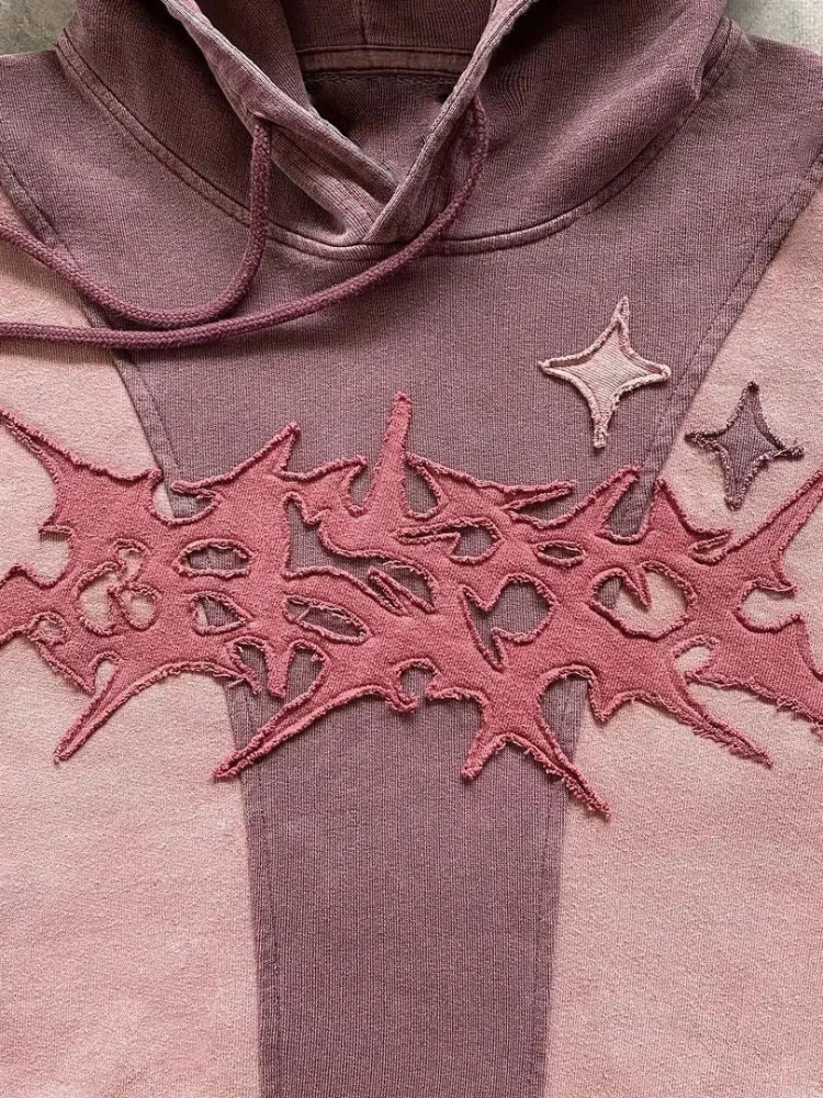 American Y2K Gothic Striped Color Block Hoodie Star Bat Patch Embroidery Oversized Kangaroo Pocket Streetwear Loose Pullover