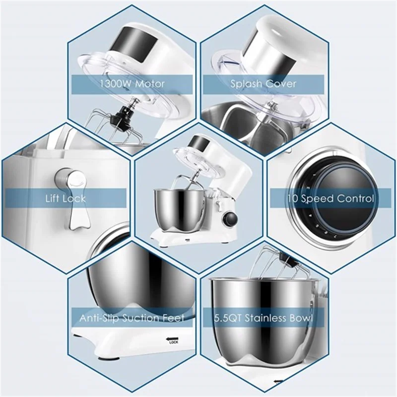 Küchenmaschine Knet maschine, 10 Geschwindigkeit seins tel lungen, mit 5,5 Liter Edelstahls chale, Schneebesen, Schneebesen, Rühr schüssel, 1300W (weiß