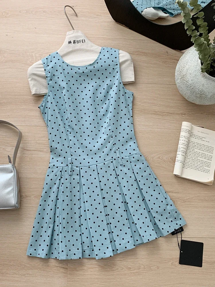 Summer French Vintage Evening Mori Girl Mini Polka Dot Dress Women Coquette 2000s Aesthetic Sleeveless One-Piece Pleated Frocks