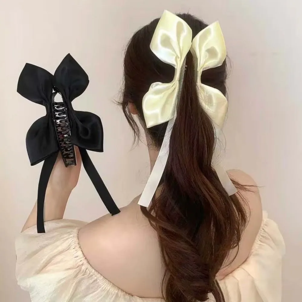 

Sweet Satin Bowknot Korean Hair Claw Large Size Wide Side Solid Color Hair Clip Soft Material Ponytail Clip Ballet Style