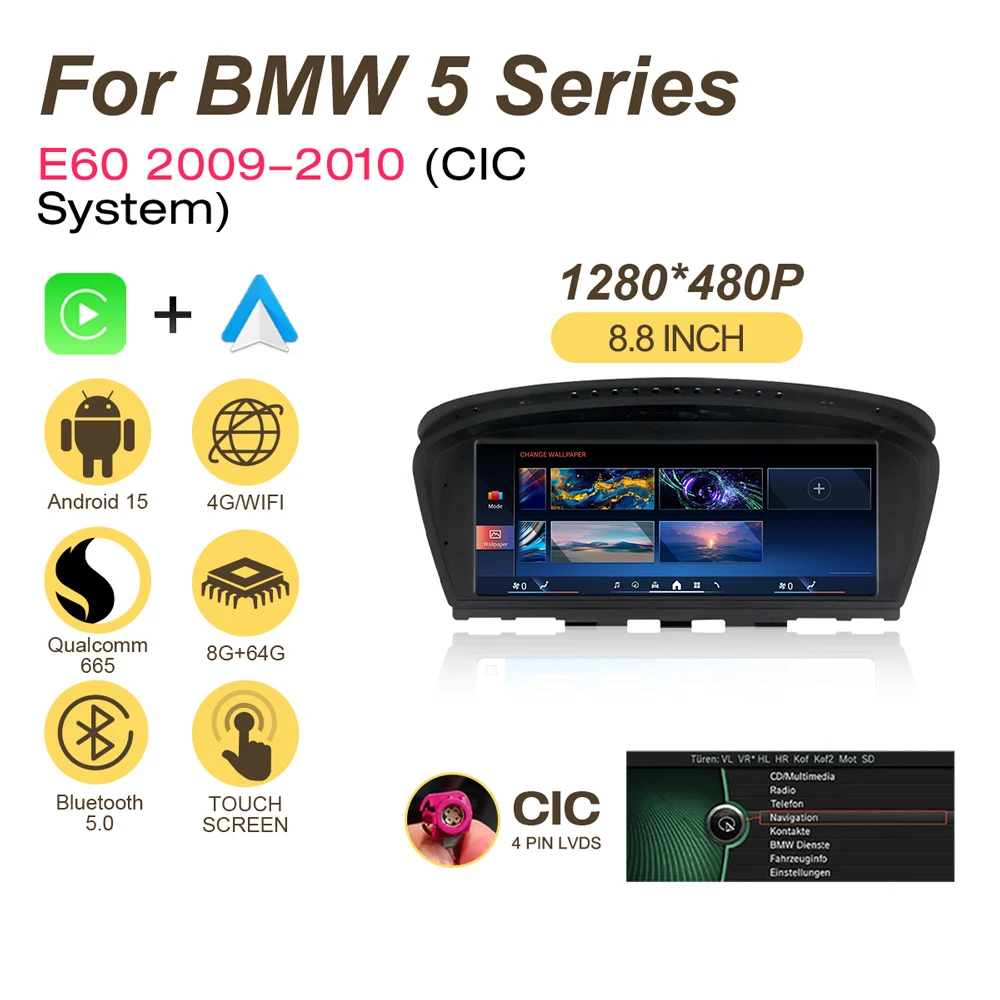 Pour les modèles BMW Série 5 E60 E61 avec système CIC CCC 8,8 pouces (2004 - 2010), lecteur DVD automatique compatible avec Apple CarPlay sans fil et Android, unité de contrôle centrale multimédia embarquée, écran de navigation GPS, autoradio.