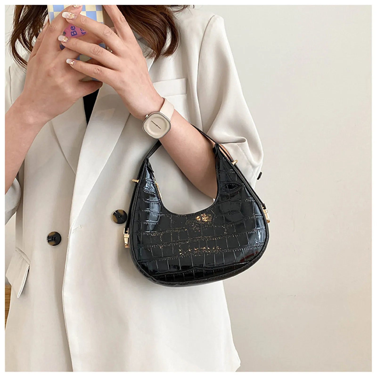 Simple Solid Color Shoulder Bag for Women Fashionable Stone Pattern Armpit Handbag Underarm Clutch Luxury Designer New 1pcs