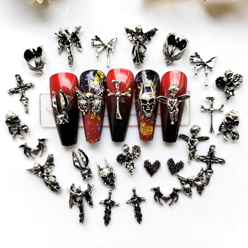 20Pcs Mixed Retro Silver Alloy Nail Art Baroque Evil Angel Heart Dragon Jesus Cross Butterfly Nail Ornament DIY Nail Accessories