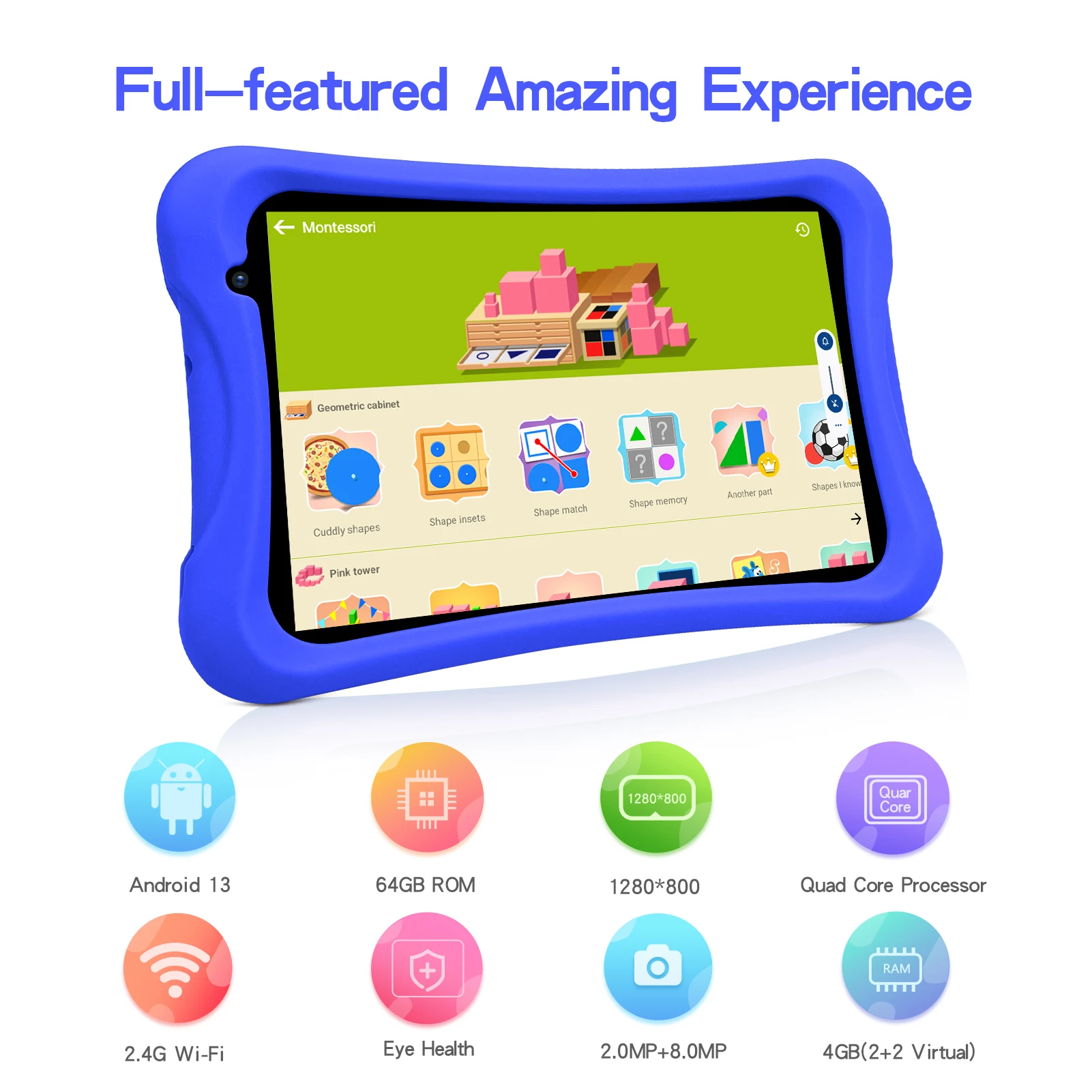 Pritom 8 Zoll Kinder Tablet Android 13 Go Quad Core Prozessor 4GB(2 2 virtuell) RAM 64GB ROM 8,0 MP Rückfahr kamera mit Schutzhülle