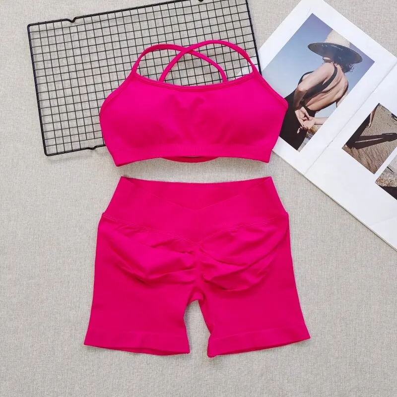 Nahtloses, schnelltrocknendes Fitness-Set für Damen: Sport-BH und Hüftstraffende V-Taille Yoga-Shorts, Pilates-Trainingskleidung, Gym-Set – Detail 14