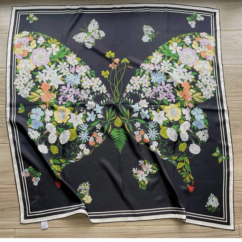 Floral 90 100% Silk Scarf Neckerchief Shawl 2024 Womens Spring NEW Head Scarves Hijab for Hair Wrapping