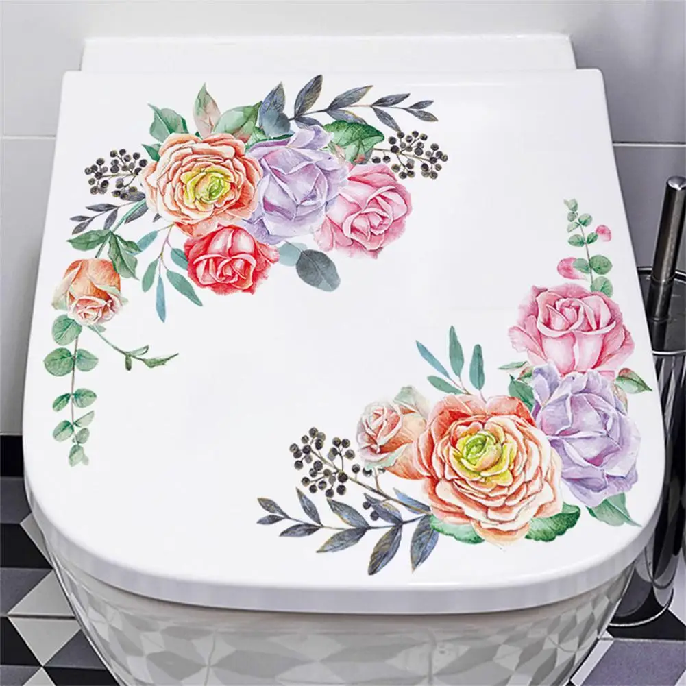 Floral Toilet Stickers PVC Flower Murals Lightweight Waterproof Self-adhesive Paintings For Bathroom Decoration