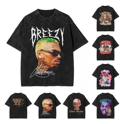 Rapper Chris Brown Big Face T Shirt Hip Hop Washed Short Sleeve Oversize T-Shirt Fashion Men Women Graphic Printed Tee Shirt