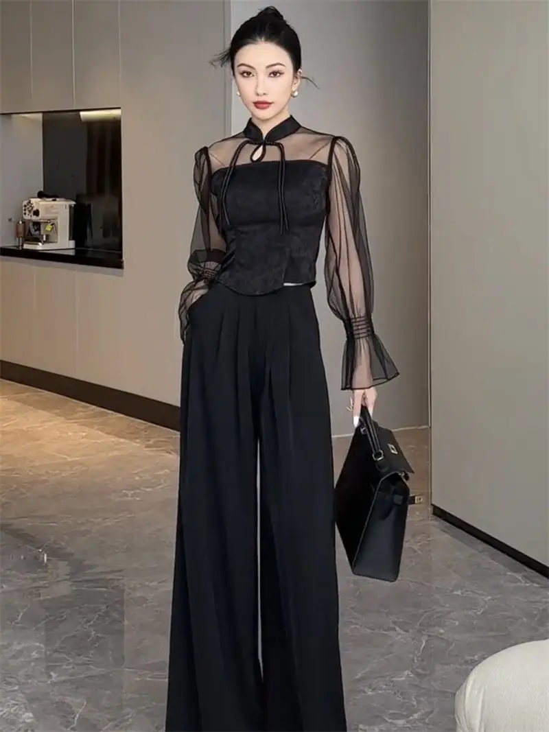 Korean See Through Mesh Patchwork Lace Up Stand Up Collar Hollowed Out Long Sleeved Shirt Women Summer Fashionable and Elegant