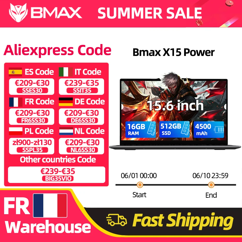 Ordinateur portable BMAX X15 Power 15,6'' IPS 16 Go de RAM 512 Go SSD Intel Core i3-8109U CPU Windows 11 Batterie 4500 mAh Ordinateur portable HDMI Wifi USB Clavier numérique