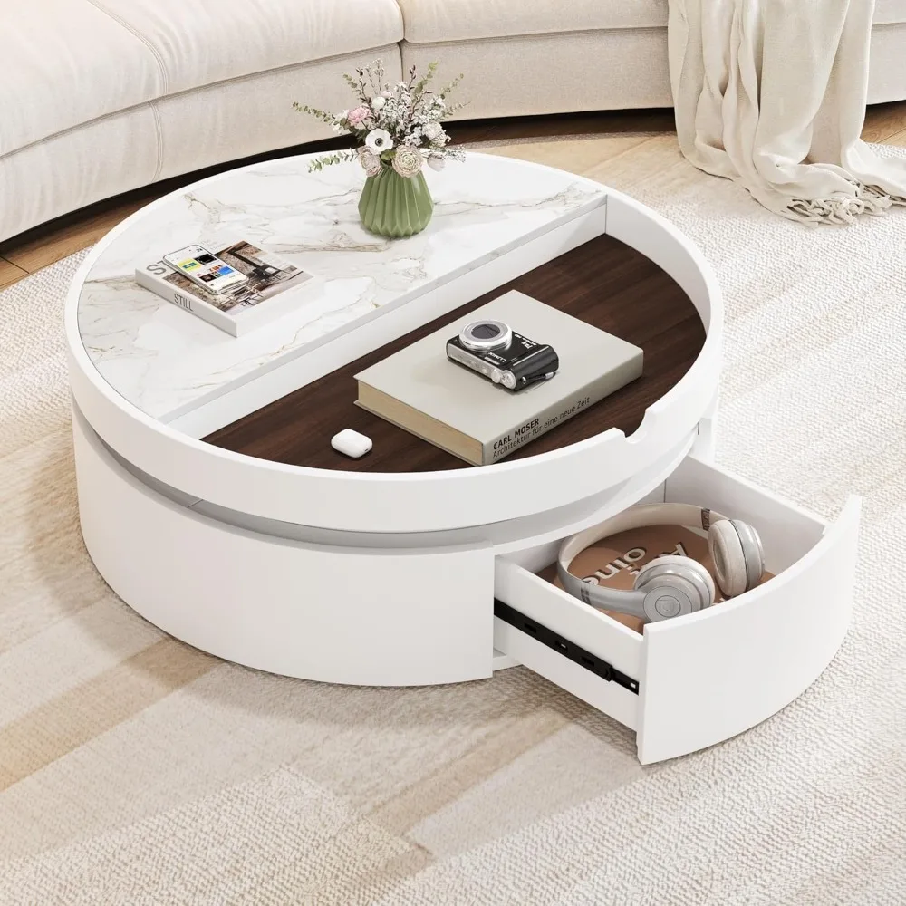 

Merax 29.5 Round Lift-Top Coffee Table with Hidden Storage and Drawer, Marble and Wood Grain Dual-Tone Top, Compact for Living R