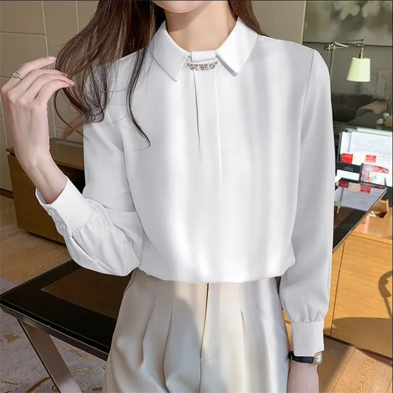 Pullover Shirt For Women Blouses Professional Chiffon Tide Woman Clothes Shirt Nail Bead Blouse Solid Color Autumn Clothes Shirt