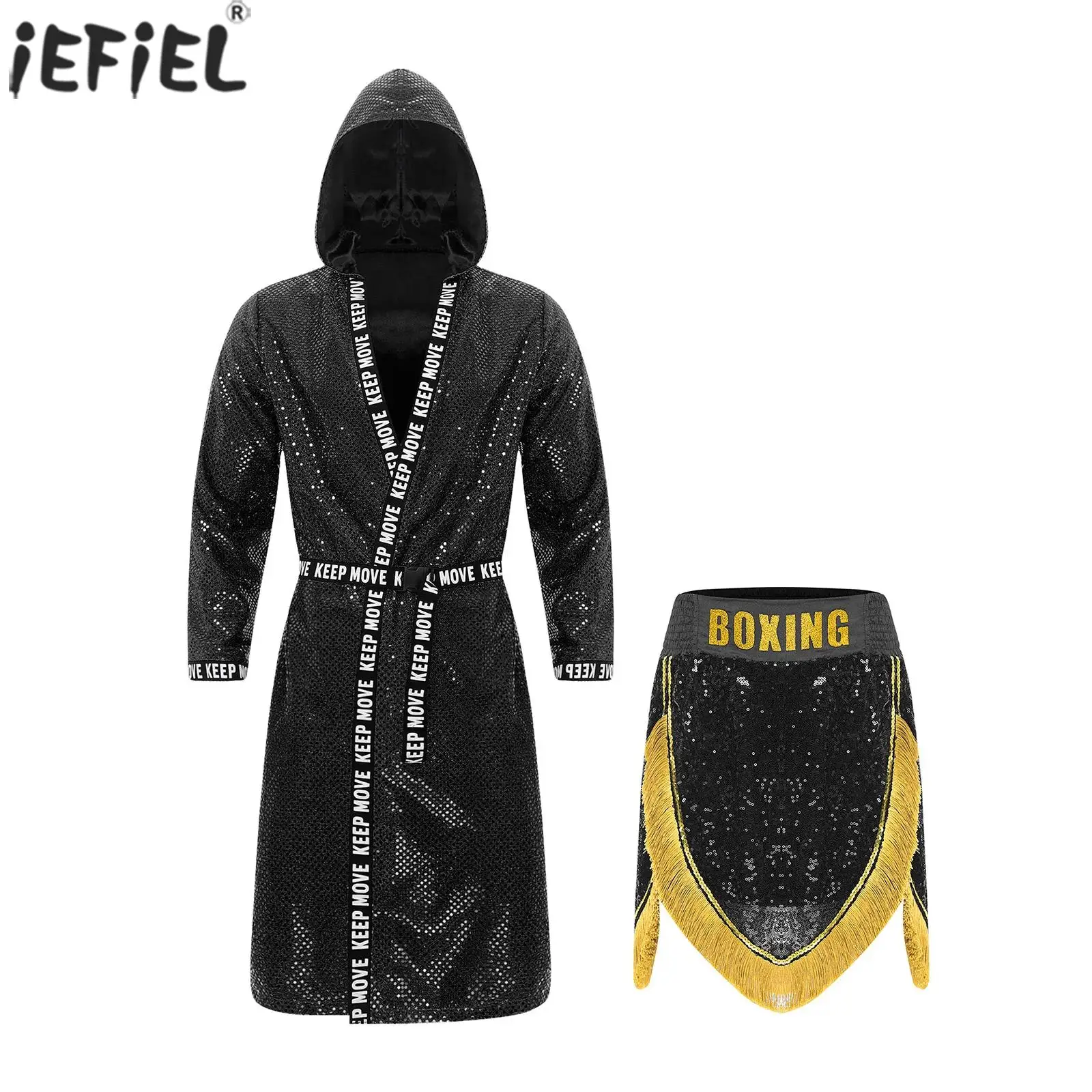 

Men Boxing Boxer Competition Robe With Belt And Fringes Boxing Shorts for Boxing Muay Thai Martial Arts Performance Costumes