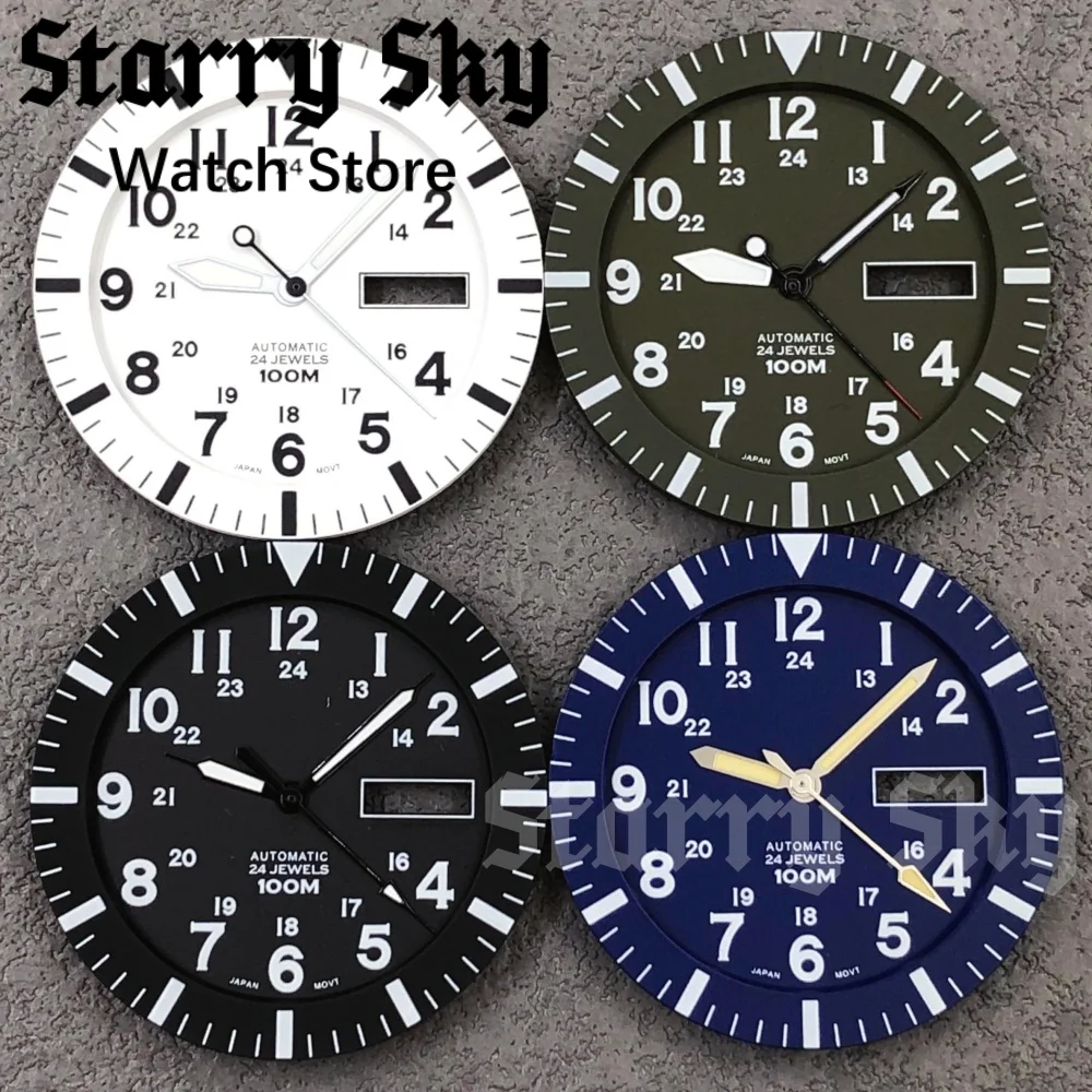 Starry Sky 34.3mm Black/White/Blue/Green Double Calendar Scale Watch Dial Watch Hands With Green Luminous Fits For NH35 Movement