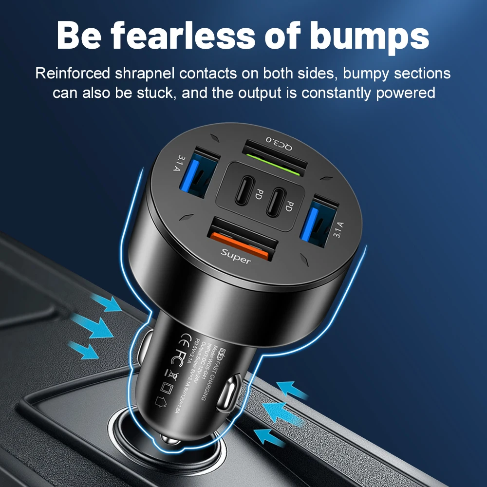 66W Dual PD 6-port Universal Super Fast Charging Conversion Plug Multi-function Mobile Phone Car Charger 4USB Car Charger