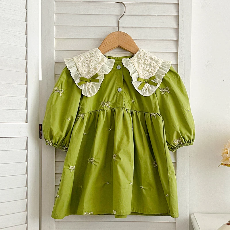 Sisters Clothes Infant Baby Girls Lace Collar Dress Rompers Kids Baby Girls Embroider Bow Princess Dress Family Clothes Rompers