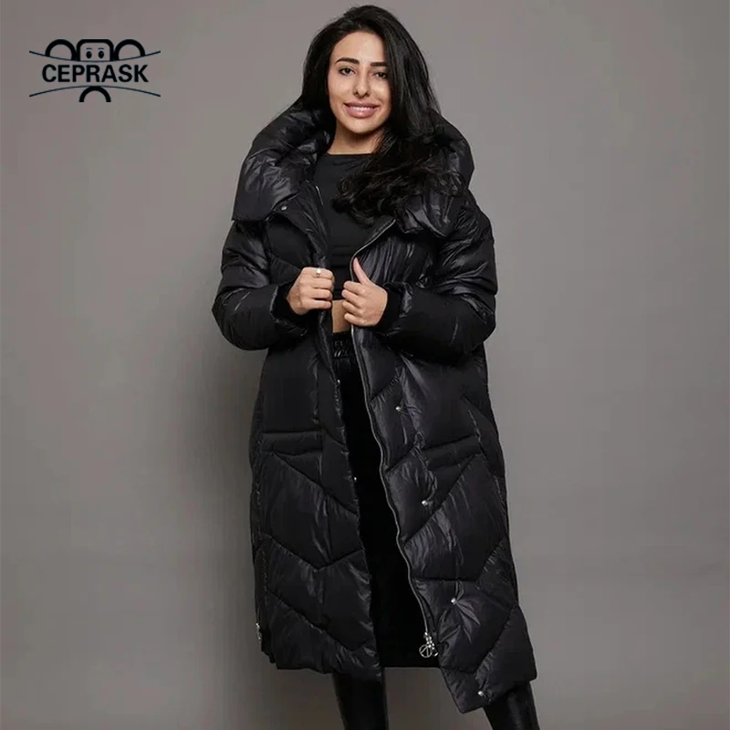 CEPRASK 2023 New Fashion Winter Quilted Coat Women X-Long High Quality Cotton Parkas Hooded Outerwear Warm Thick Woman Jacket