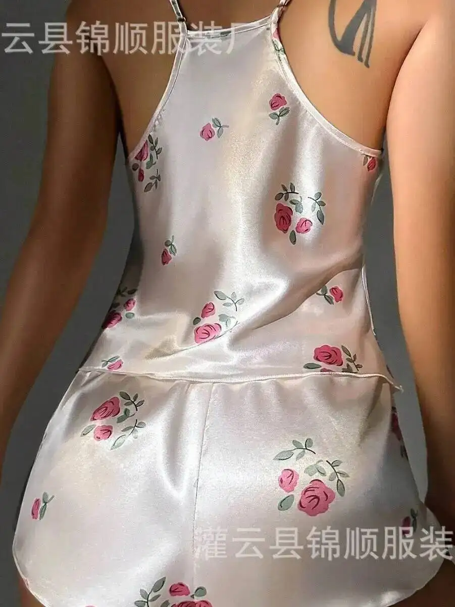 여름 뜨거운 판매 꽃 패턴 반바지 세트 레이스 트림 순수한 욕망 캐주얼 여성 반바지 세트 딥 V 민소매 우아한 DALY