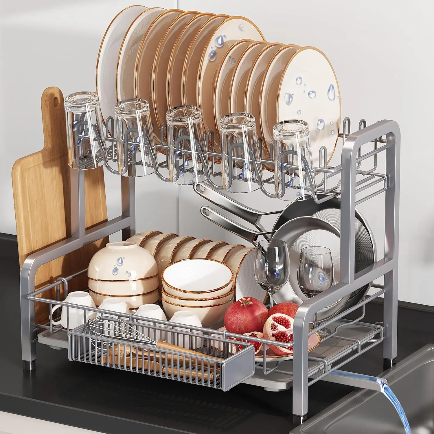 

Большая сушилка для посуды из нержавеющей стали с поддоном, компактная двухуровневая конструкция для кухонной столешницы