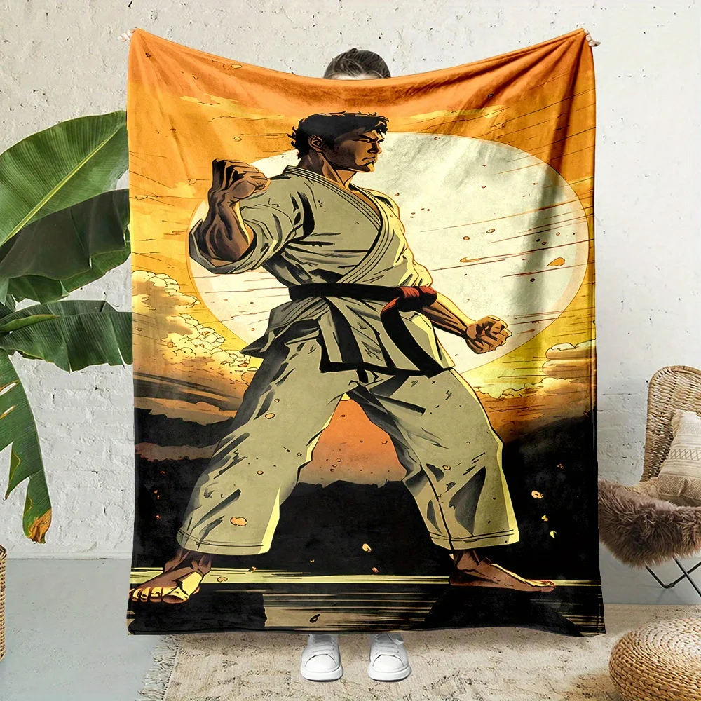 1pc, Contemporary Style, Cartoon Karate Warrior Print, All-Season Reversible Throw Blanket, 200-250g Polyester Flannel, No Embel