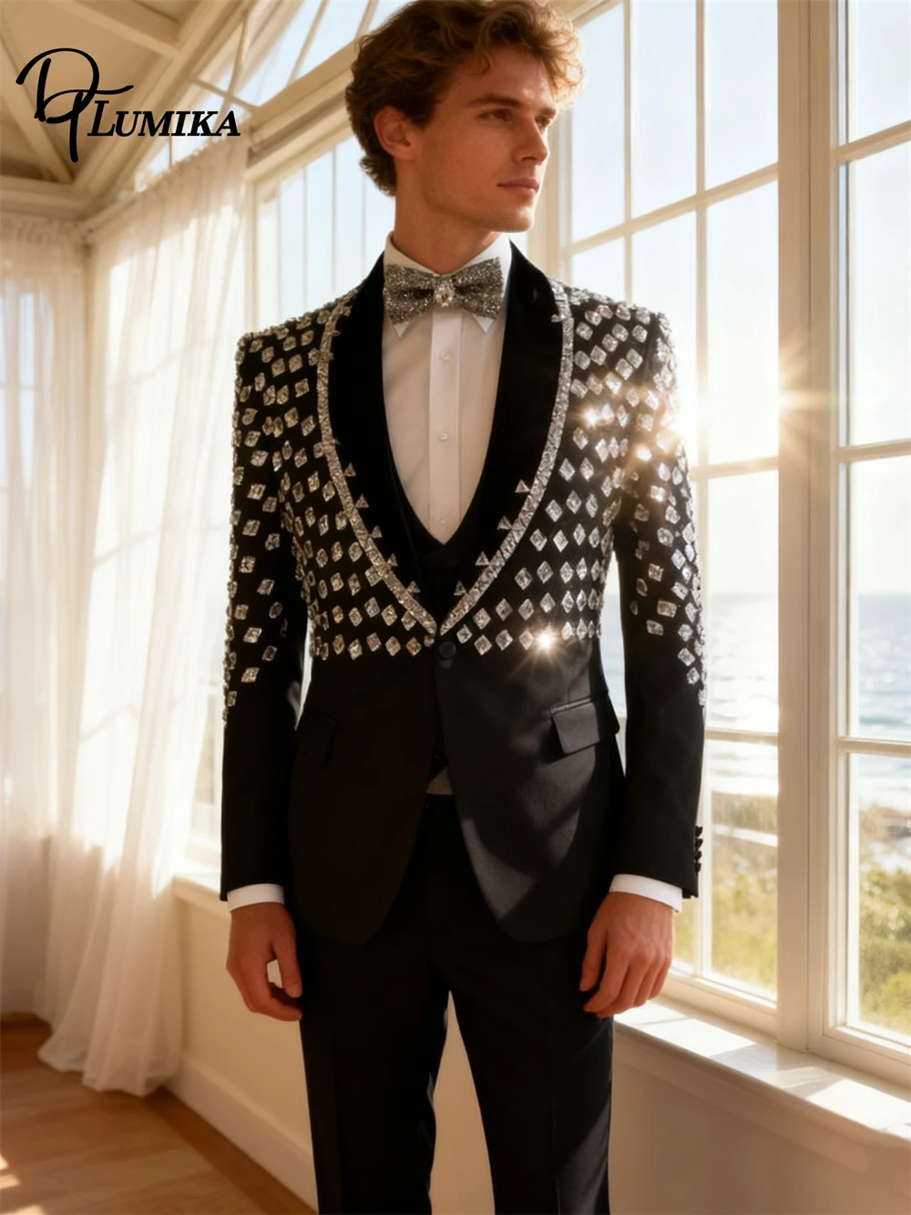 

DTLumika Роскошный мужской костюм на одной пуговице, черный костюм из трех предметов с шалью и воротником, смокинг, куртка, жилет, брюки, официальный наряд