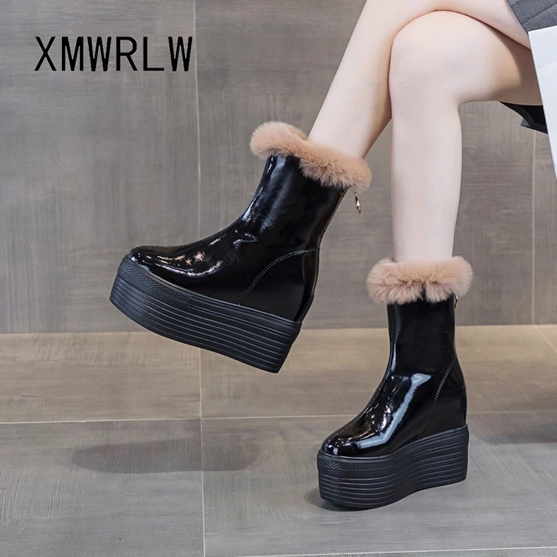 XMWRLW 2025 Winter Women Snow Boots Patent Leather Fashion High Heels Ladies Ankle Boots Warm Plush Women Winter Shoes Snow Boot view 6