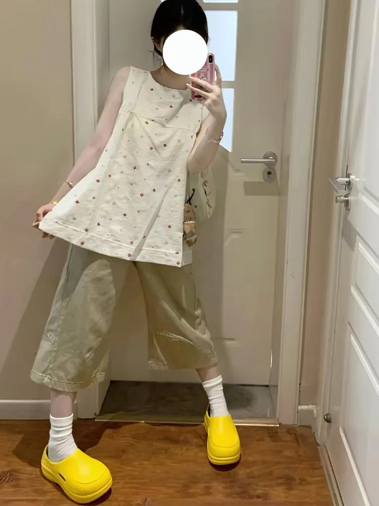 American Retro Khaki Color Straight Leg Pants Thin Summer New Loose Slimming Mid-Length Trousers for Small Stature Women