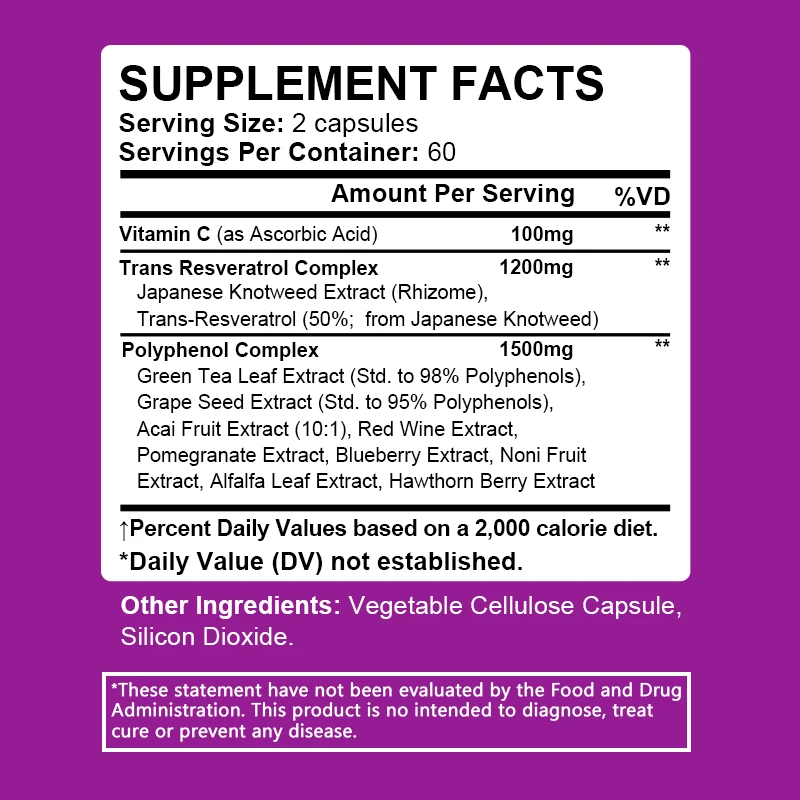

Trans-Resveratrol Supplement - Antioxidant, Anti-Aging, Skin Radiance, Heart, Cardiovascular, Immune, Metabolism