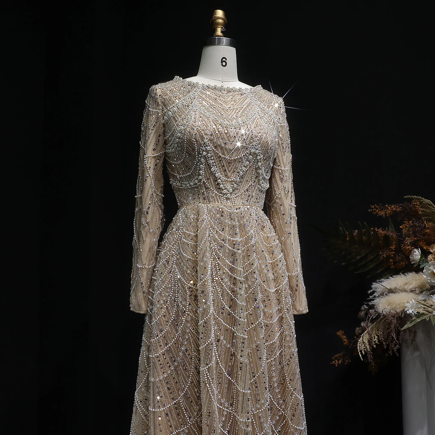 Sharon Said Luxuriöses Dubai-Abendkleid mit grünen Perlen und langen Ärmeln, Saudi-Arabisches Damen-Hochzeitskleid, formelle Partykleider SS625, maßgeschneidert – Detail 30