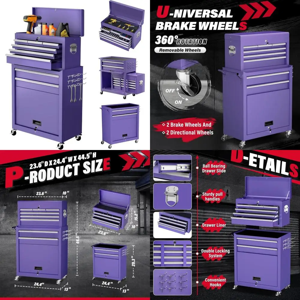 

8 Drawer Rolling Metal Tool Chest with Detachable Cabinet, Wheels, Liners, and Locking System for Ultimate Organization