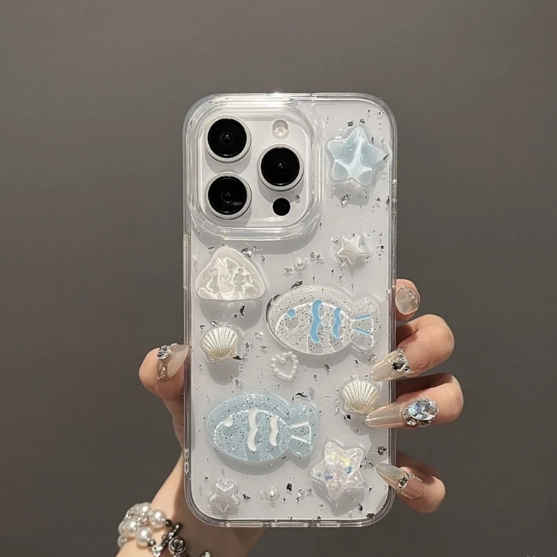 Glitter 3D Ocean Fish Pearl Silver Foil Girls Love Clear Cute Phone Case For Iphone 13 12 11 16 15 14 Pro Max XR X 87 Plus