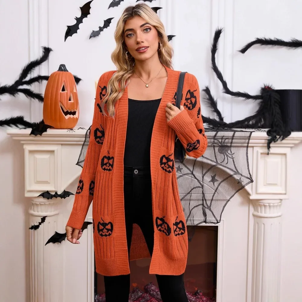 European American Women New Halloween Pumpkin Jacquard Knit Open Front Cardigan Long Sleeve Holiday Sweater