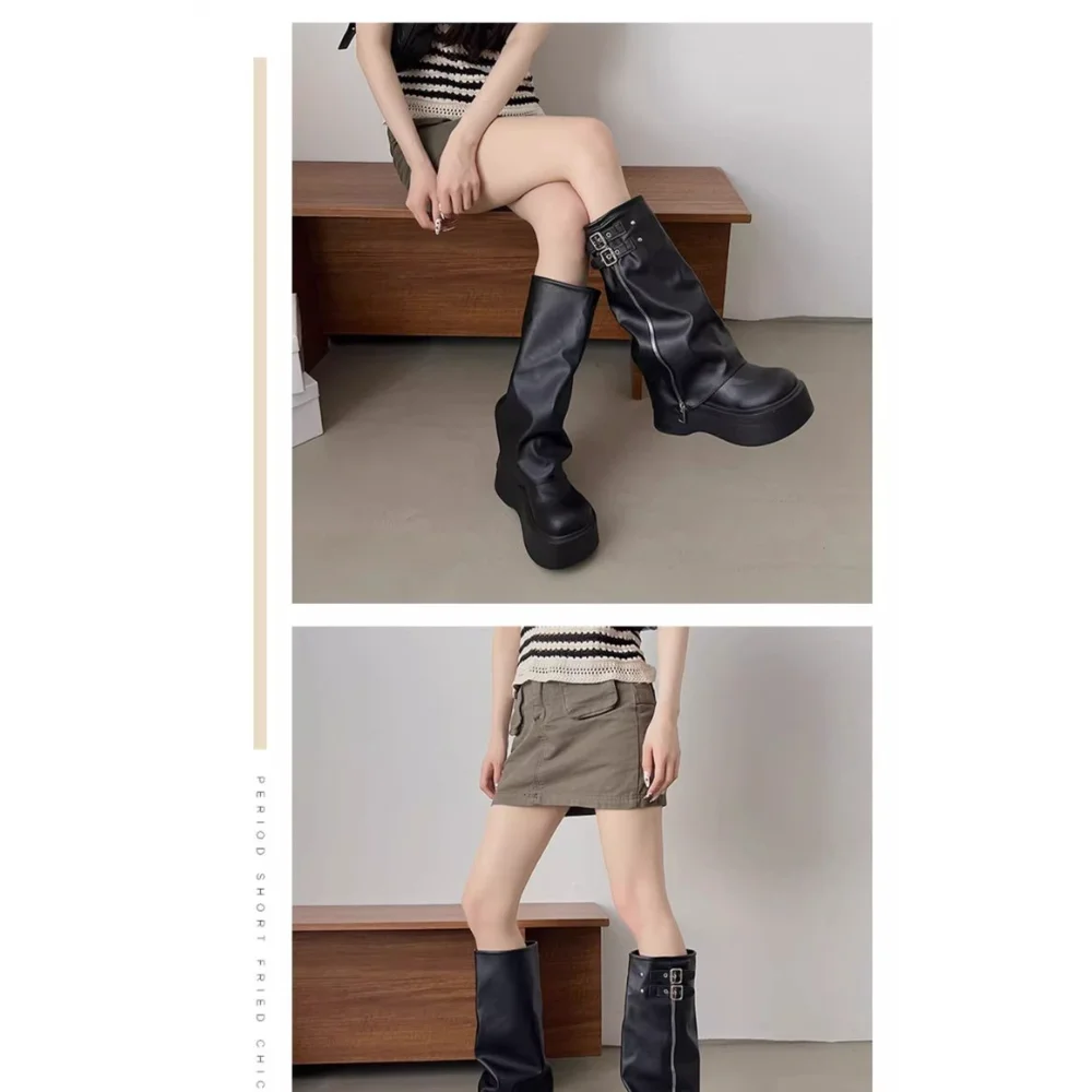 Damen Schwarze Plateau-Stiefel mit Weitem Schaft, Schnallendetail Lässige Kniehohe Schuhe, Bequemes Schuhwerk für Streetstyle – Detail 5