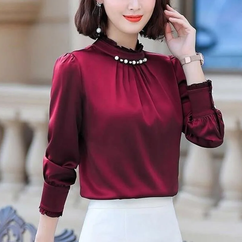 Chemise en mousseline de soie à manches longues pour femmes, chemisier plissé, vêtements de bureau, tempérament, solide, document, grande taille,