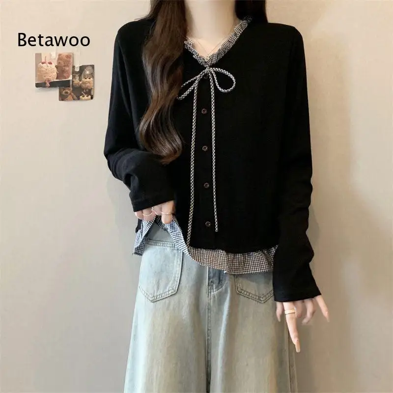 Women Grid Ruffle Trim Knit Top V Neck Bow Tie Button Front Long Sleeve Cropped Sweet Casual Blouse for Daily