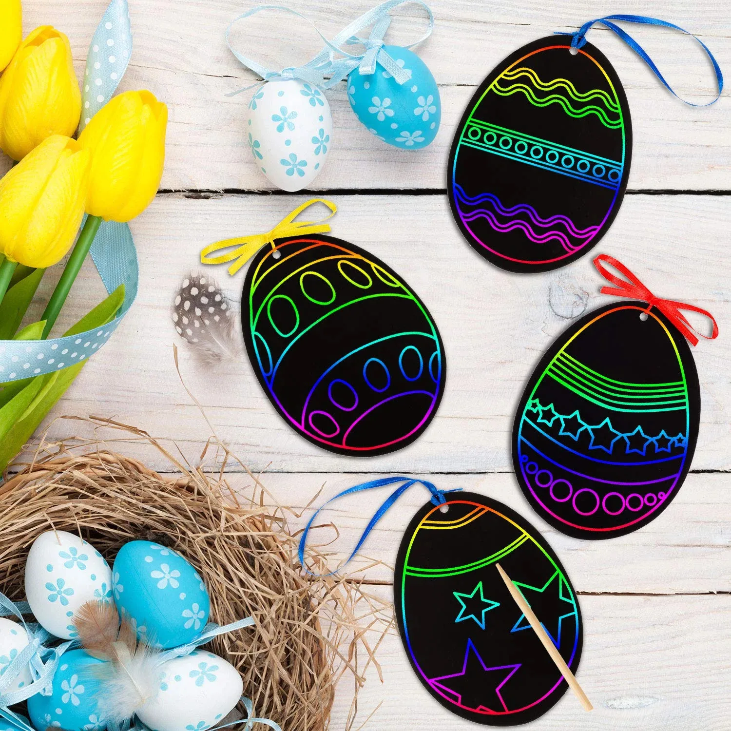 24PCS Colorful Scratch Painting Set DIY Fillable Easter Eggs Crafts Kit Scratch Off Cards Paper Ornaments Children Gift