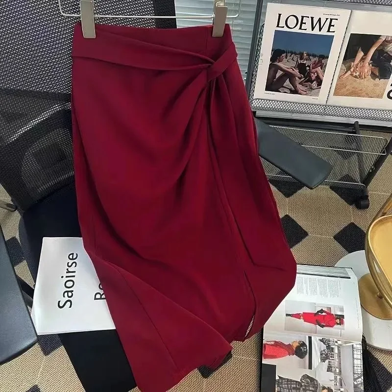 

Retro High Waist Mid Length Pencil Skirts for Women 2026 Autumn New Office Lady Solid Color Wrapped Women's Skirts