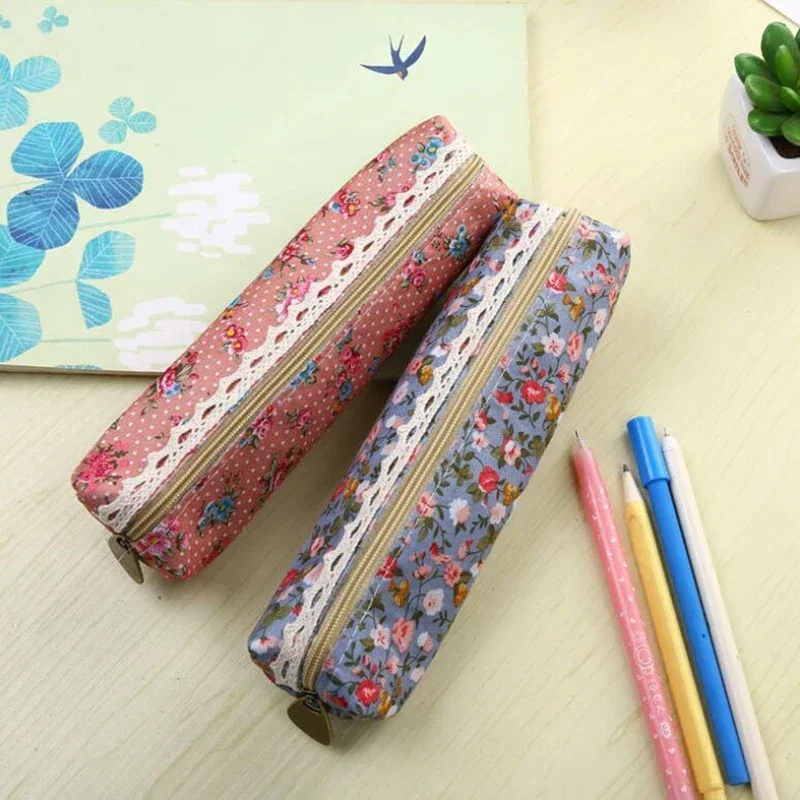 Lona fresca estilo retro renda franja pequena flor ponto multi-função zíper saco de lápis presente do estudante saco de armazenamento de papelaria
