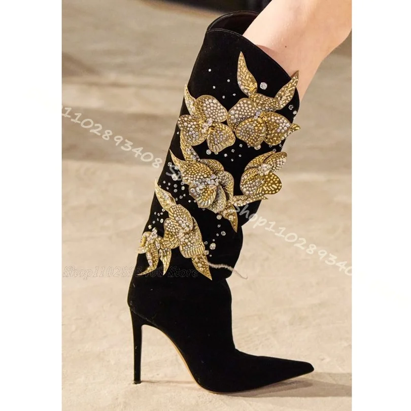 Black Flock Crystal Flower Decor Boots Pointed Toe Stiletto Women Shoes Fall Fashion Party Dress Boots 2024 Zapatos Para Mujere