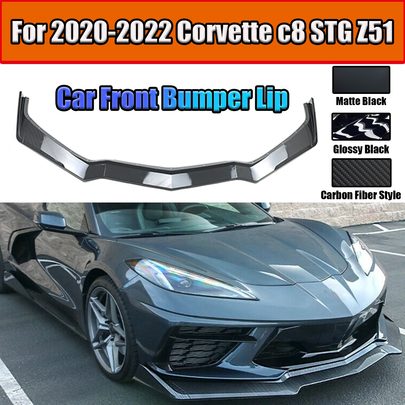 

5PCS For Chevy Corvette C8 STG Z51 2020-2022 Car Front Bumper Lip Car Accessoires Glossy Black Carbon Fiber Style