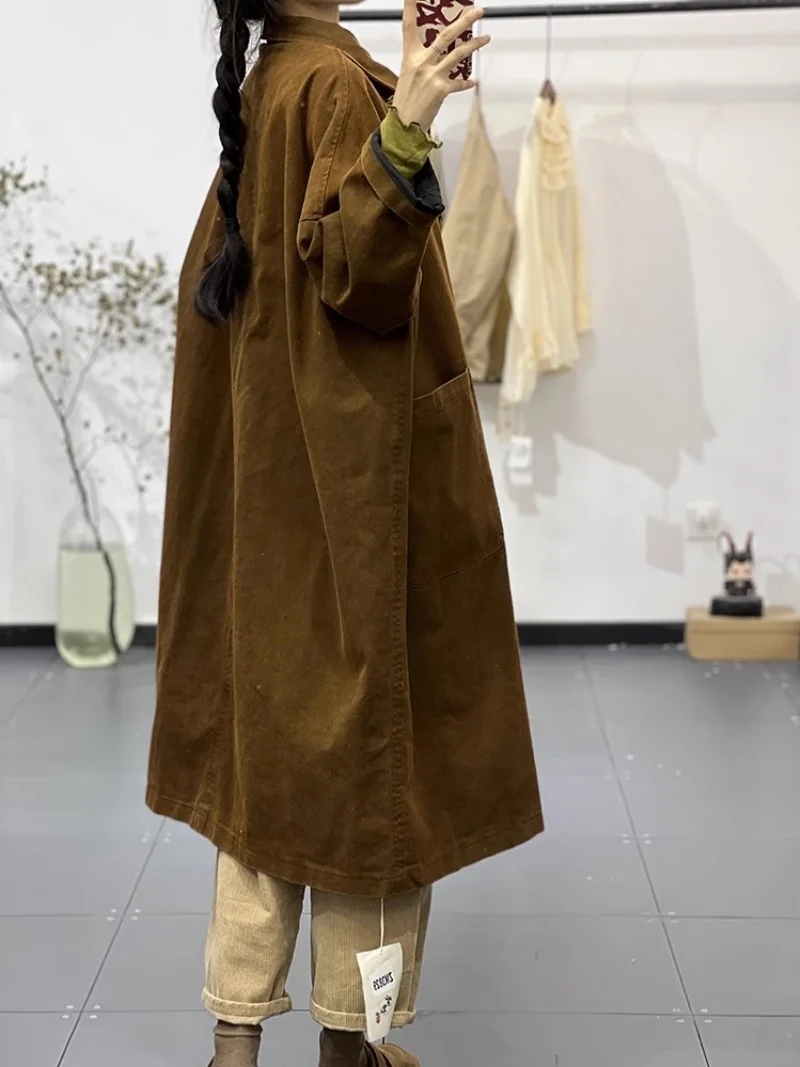 เสื้อโค้ทกันลมทรงยาวสไตล์ลำลองสำหรับผู้หญิง รุ่น w694 สีพื้นเรียบง่าย หลากหลายสไตล์ แบบเรโทร ศิลปะ ฤดูใบไม้ร่วง ปี 2025