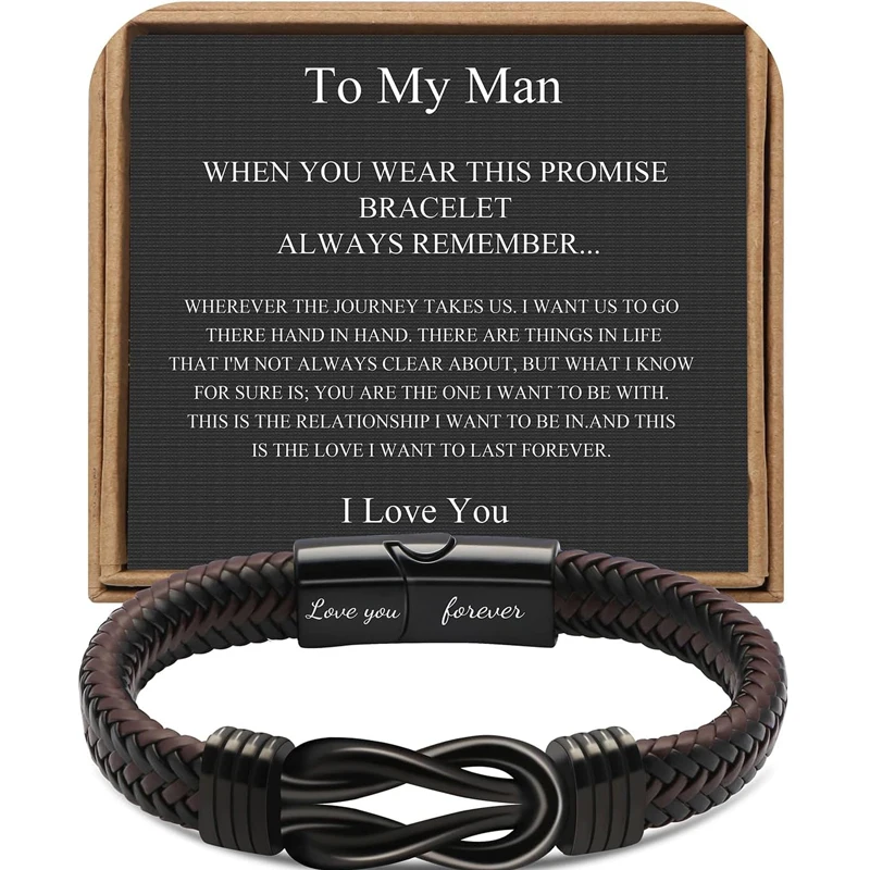 Knot Bracelet Gifts for Men Brown Braided Leather Stainless Steel Infinity Bracelets Love You Forever Gifts for Son Husband