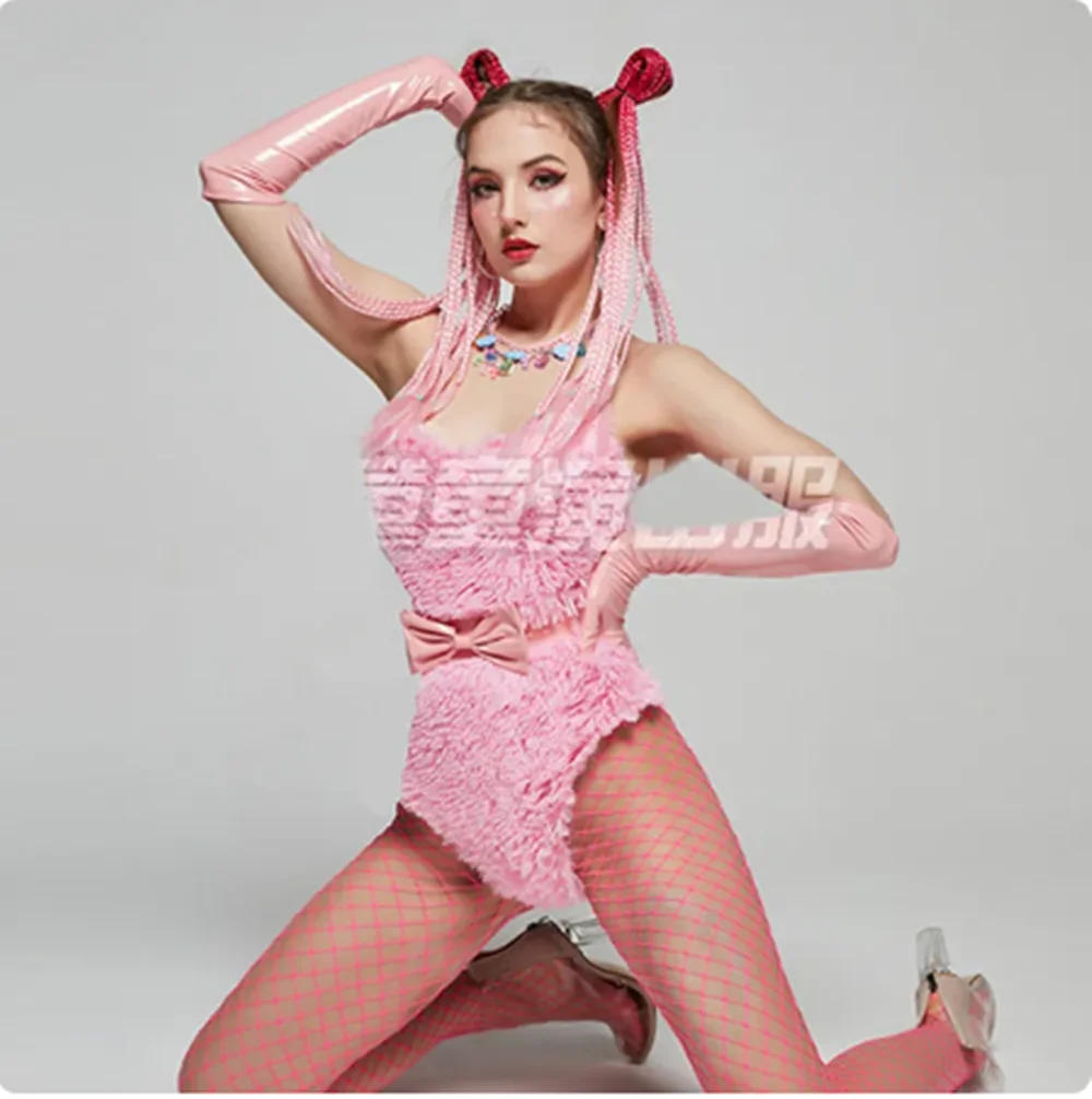 Women Gogo Dancer Clothes Pink Plush Bodysuit Nightclub Dj Ds Performance Wear Drag Queen Costume Bar Party Rave Outfit