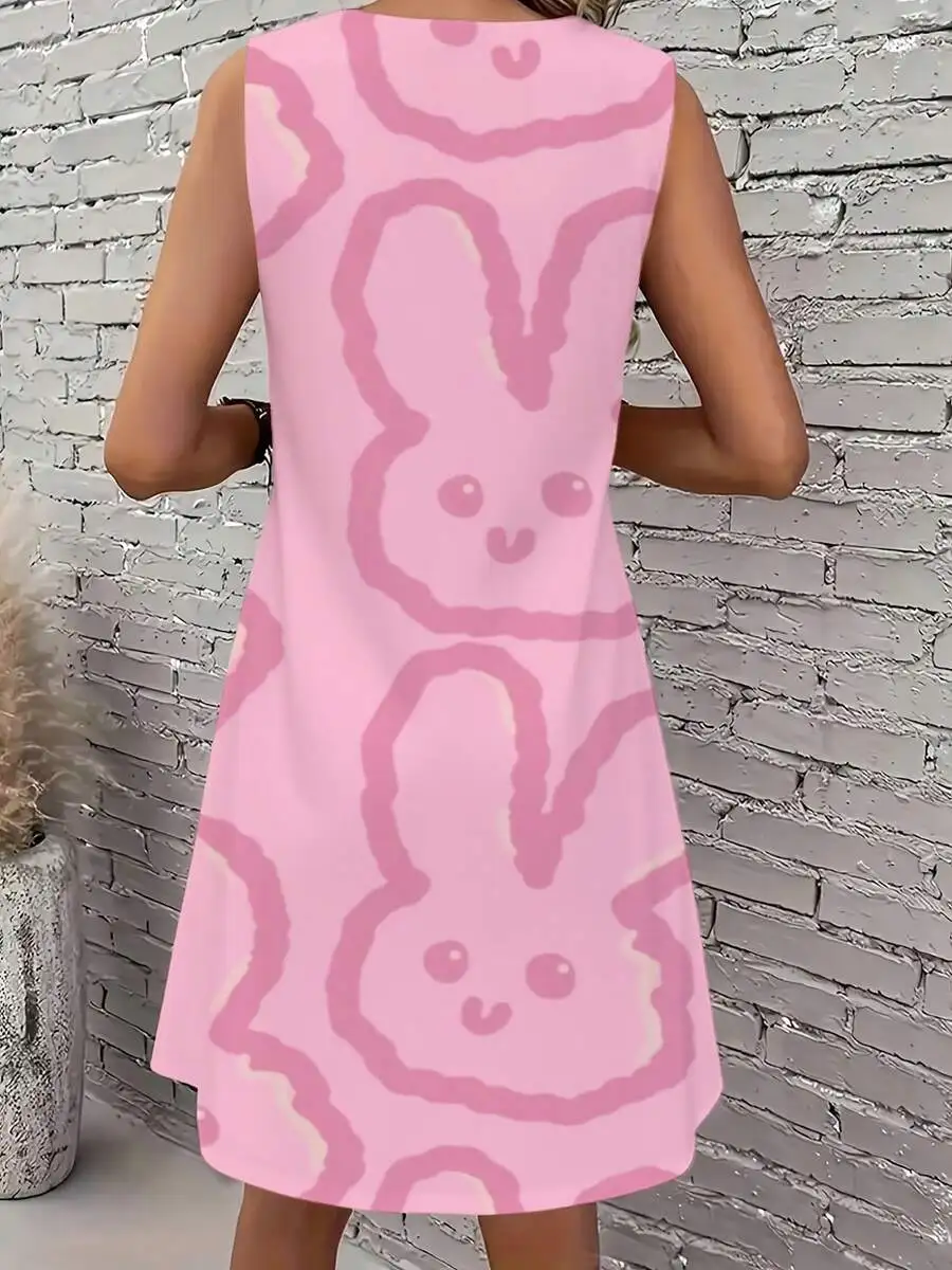 

Womens Pink Bunny Print Sleeveless A-Line Dress Round Neck Loose Fit Casual Summer Dress