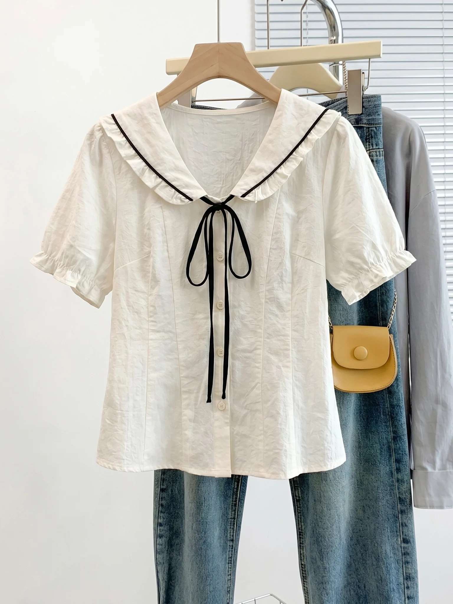 

Summer New Style Women's Short Sleeve Shirt Puff Sleeve Baby Collar plus Size Fashionable Commute Korean Loose Fit Blouse