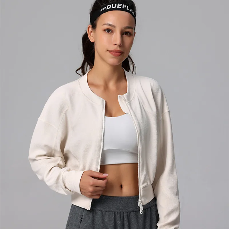 

Long Sleeve Round Collar Sports Jacket Women Gym Yoga Fitness Double Zippers Thin Crop Top Outdoor Training Breathable Soft Top