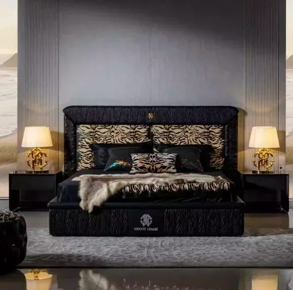 

Genuine Leather Luxury Leopard Print Double Bed Wide Screen Head And Frame For Villas And Weddings Bed Room Furniture Set