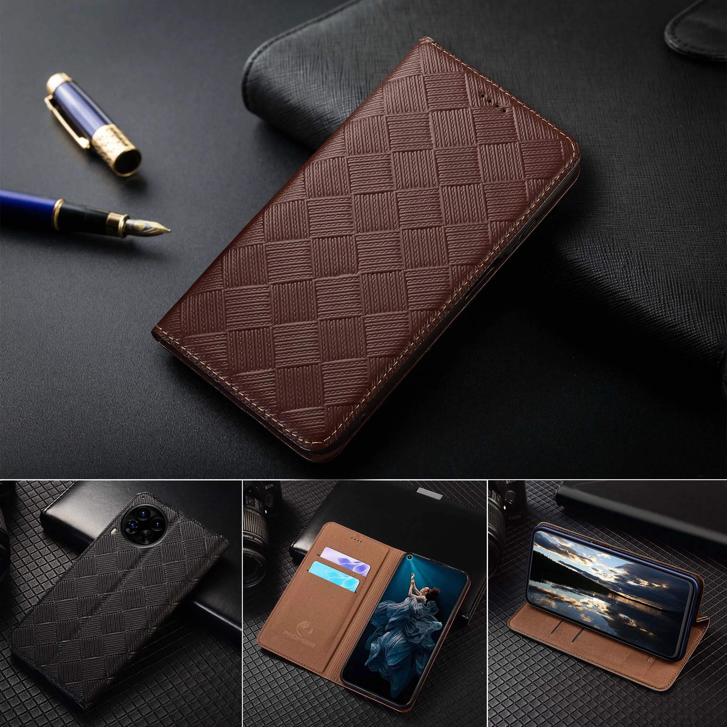 

For Tecno Camon 17 18(PTi) 19 Neo 20 30S 40 Premier Pro 4G 5G Knit Pattern Of Genuine Leather Flip Phone Cover Case Cowhide